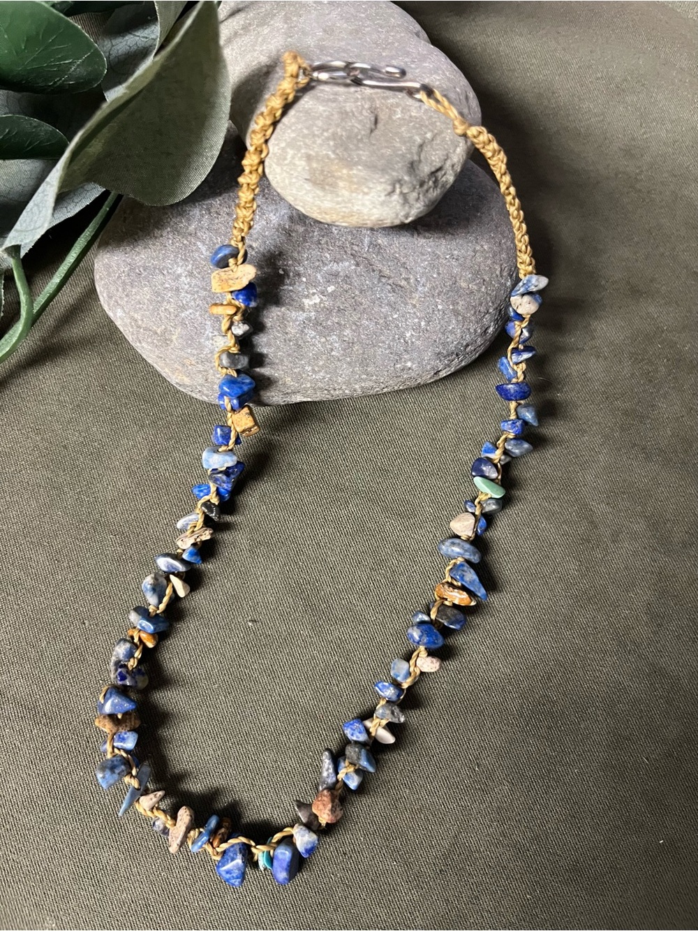 Handcrafted Blue Lapis Chip Necklace with Gold Accents